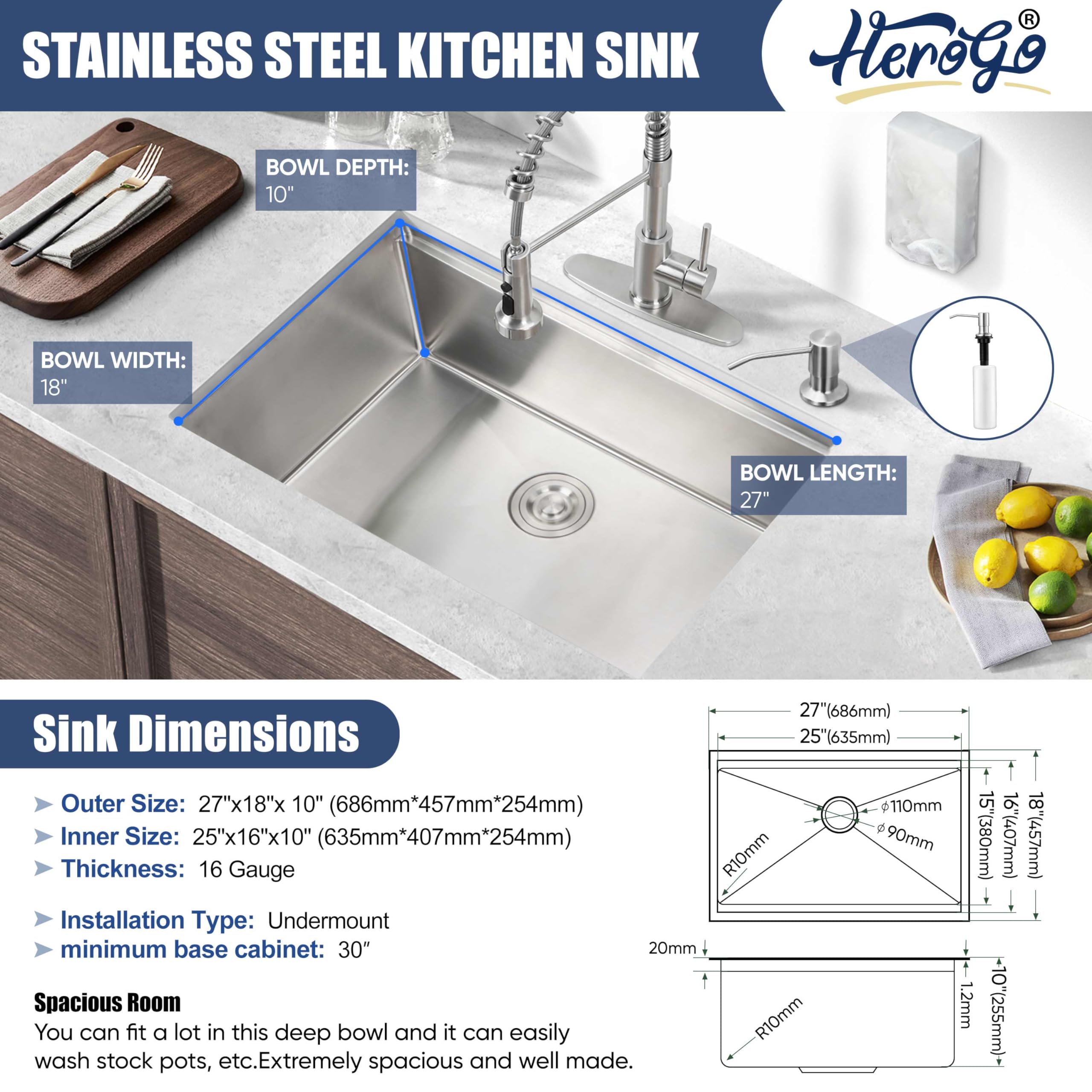 27X18Inch Undermount Kitchen Sink, Herogo Stainless Steel Single Bowl Kitchen Workstaion Sink Basin, Handmade 16 Gauge 10'' Deep
